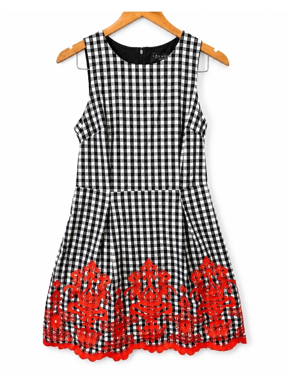 Laundry by Shelli Segal Gingham Plaid Embroidered Dress Black White Red Size 6 - Picture 2 of 6